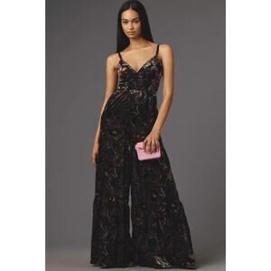NWT Anthropologie Hutch Tiered Velvet Floral Wide Leg Jumpsuit Size 4 #8G534